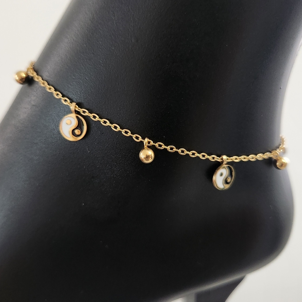 Gold Plated Yin Yang Anklet Adjustable Dainty Bracelet Minimalist Charm Jewelry - Picture 4 of 12